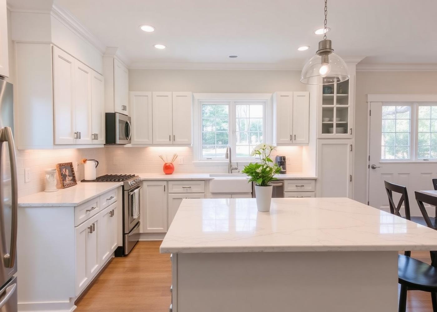 The same kitchen finished with a veined quartz island and counters