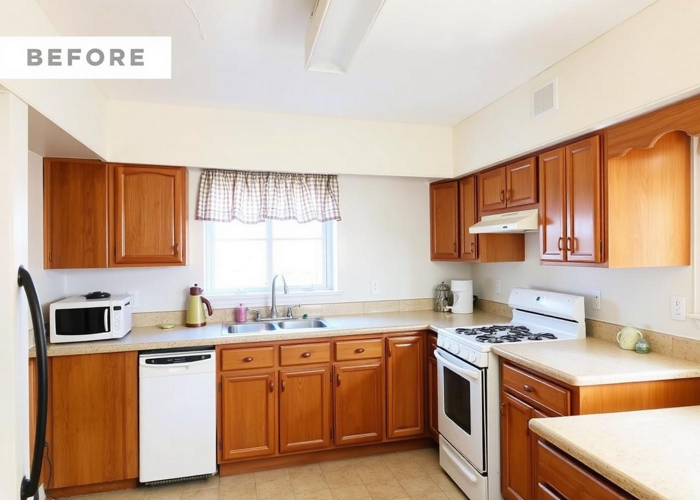 Dated kitchen with worn laminate countertops before renovation