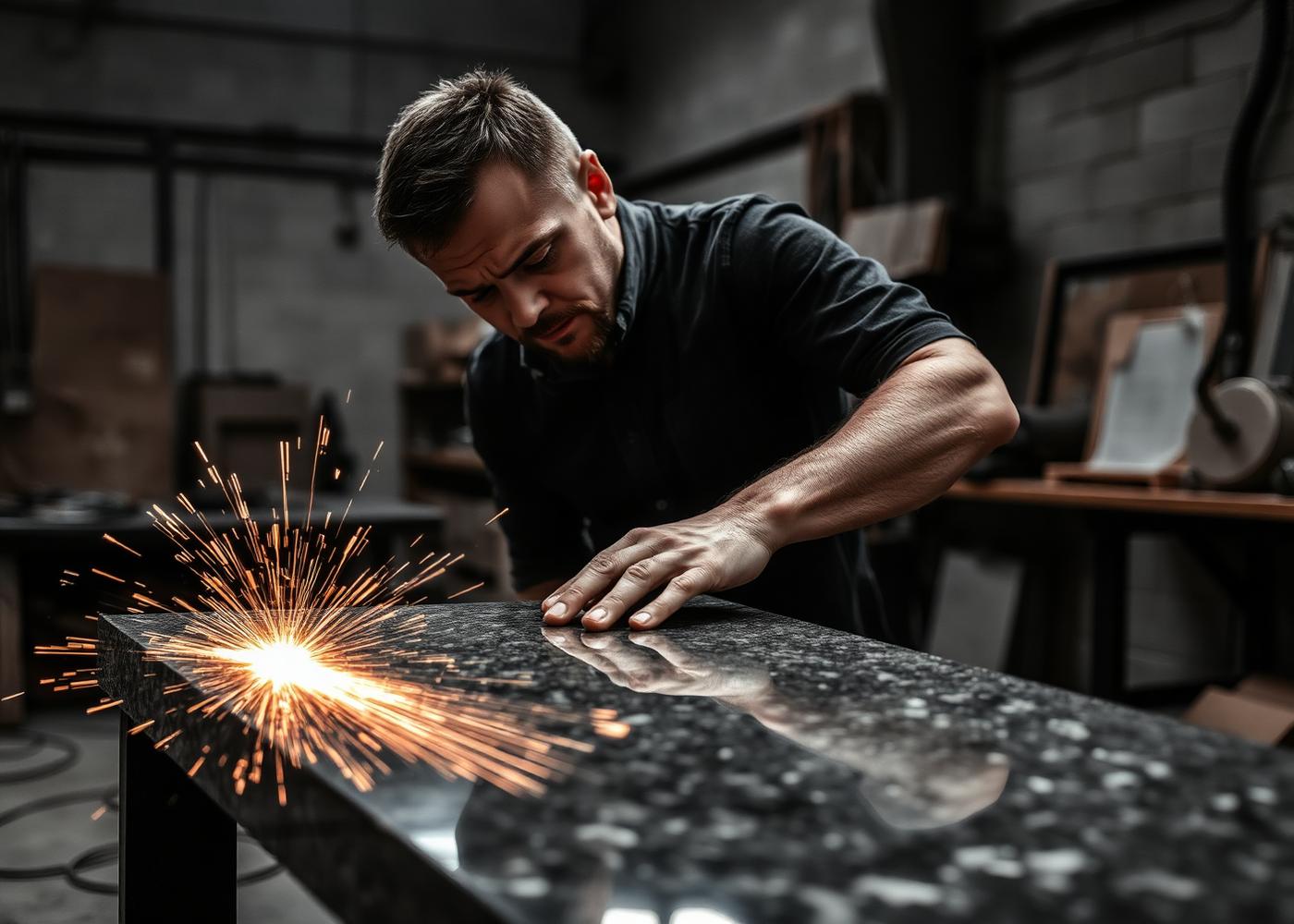 A Kowalski craftsman hand-polishing the edge of a granite slab
