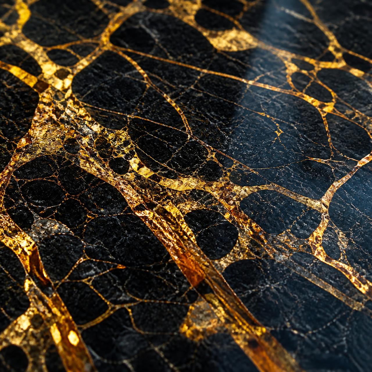 Macro detail of gold veining in dark granite